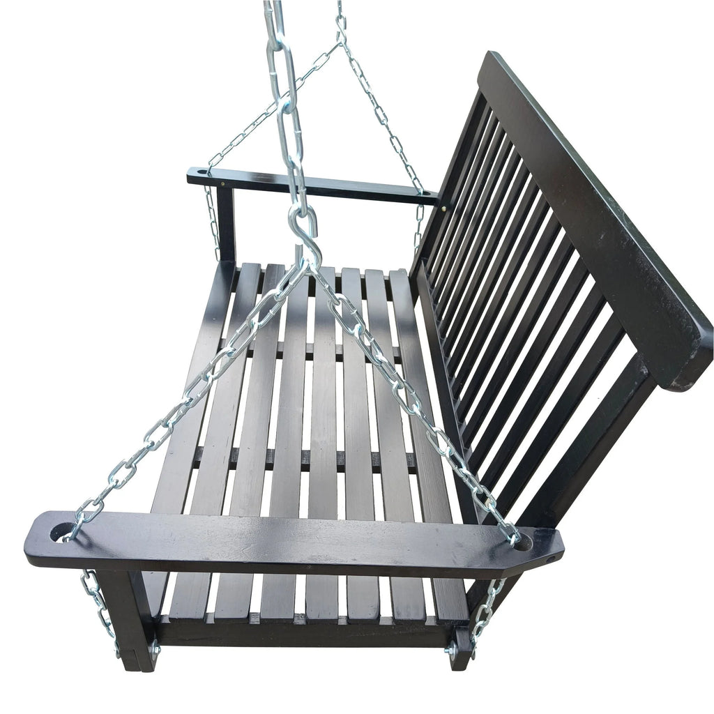 Black Wood Porch Swing with Armrests and Hanging Chains X17119