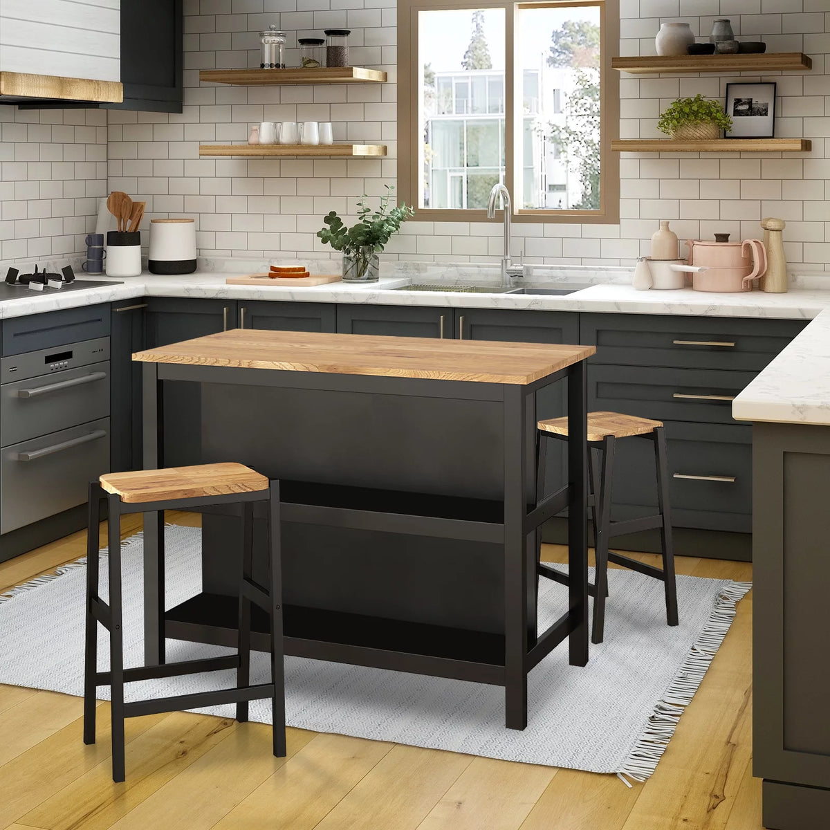 3 PCS RubberWood Dining Table Set with 2 Stools N419