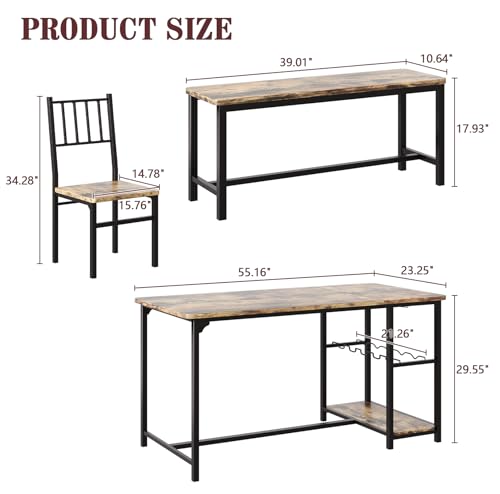 Black 4 Piece Dining Table Set with 2 Chairs and Bench B8376