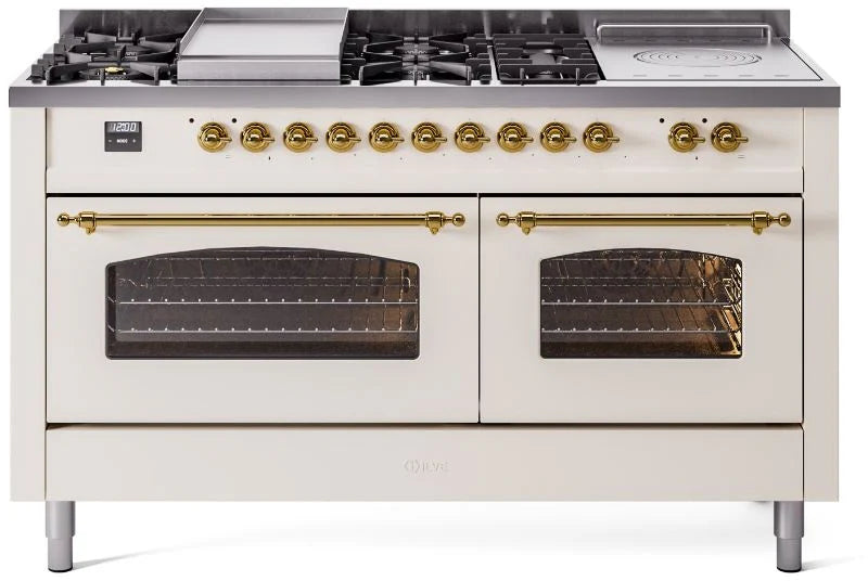 60 Dual Fuel Natural Gas Range Antique White Brass Trim B4935
