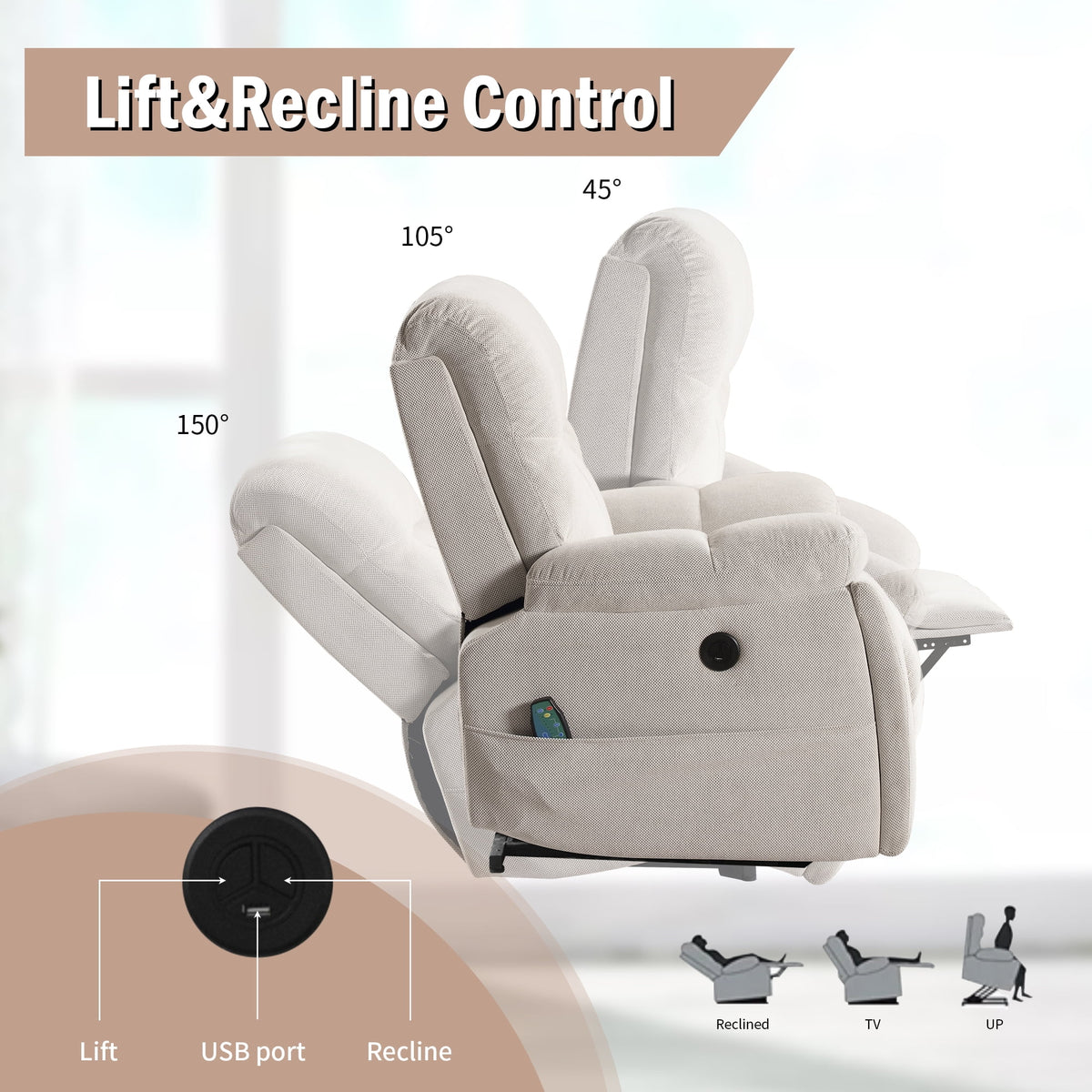 Large Power Lift Recliner Chair with Massage and Heat, Beige E56142