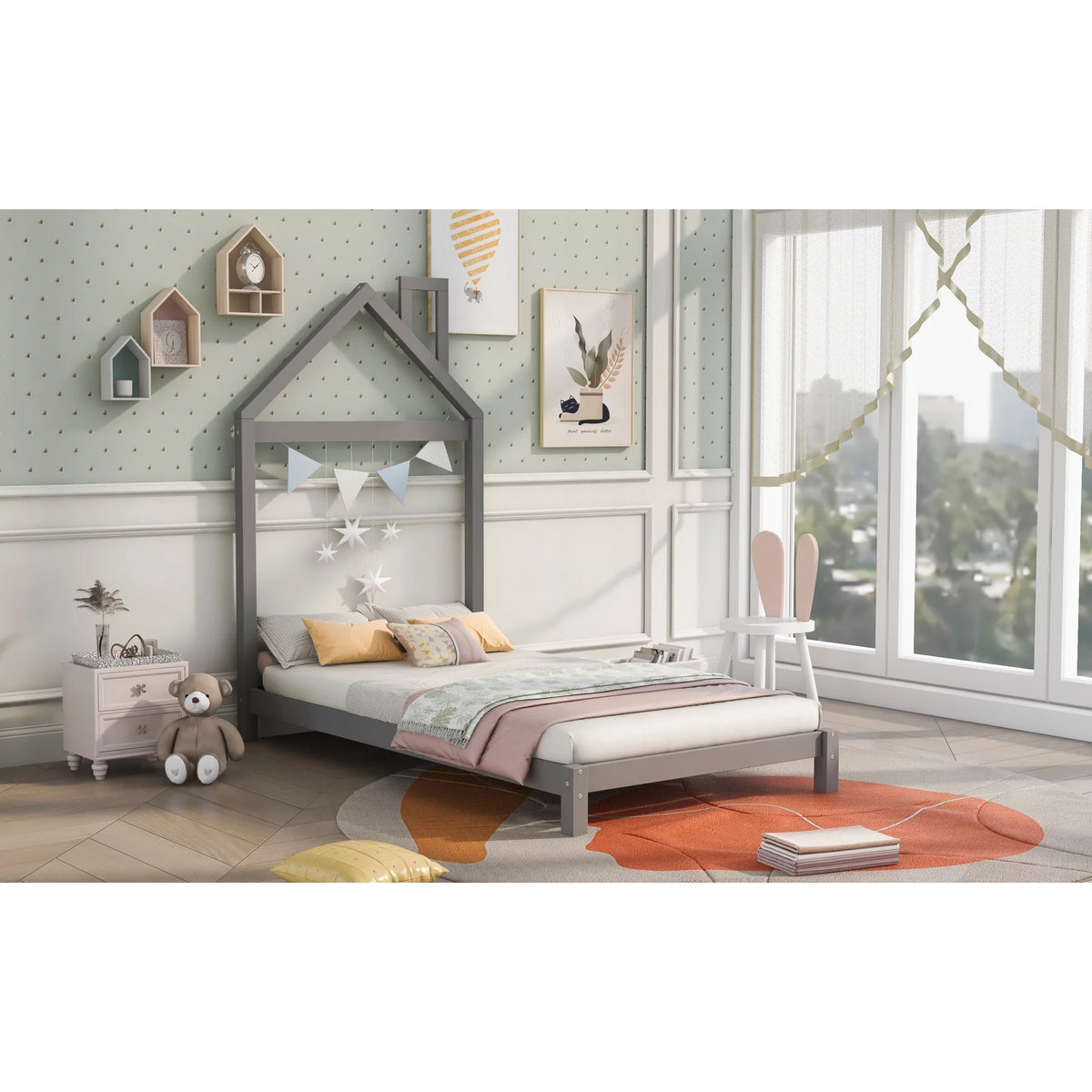 Twin Size Kids Bed with House-Shaped Headboard R85202