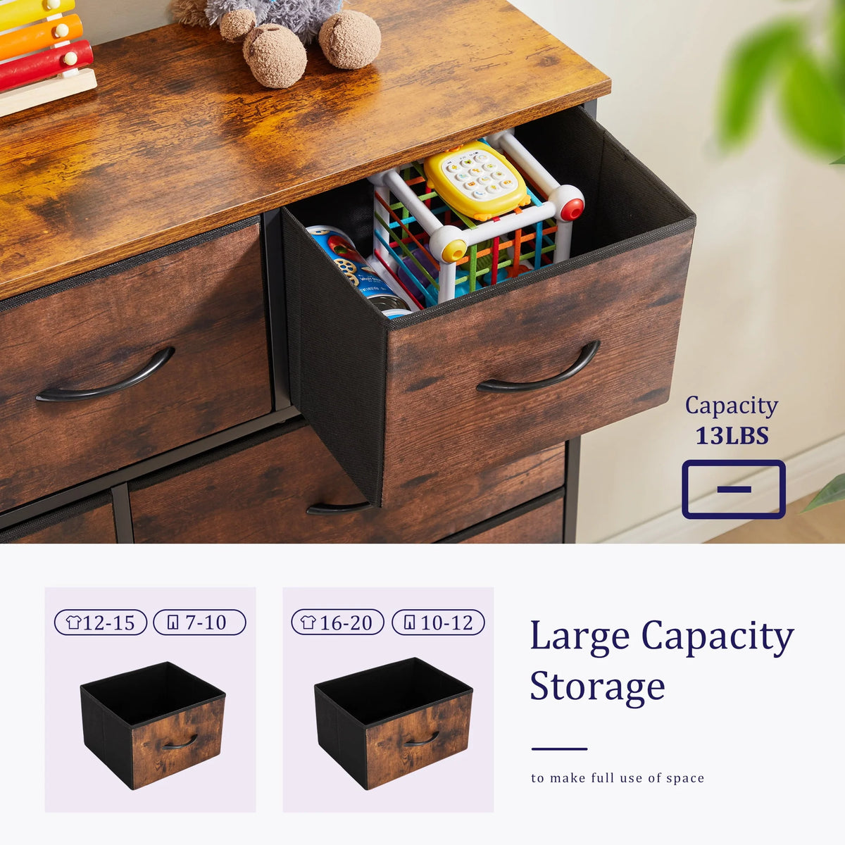 Black 5 Drawer Fabric Dresser with Wood Top N920425