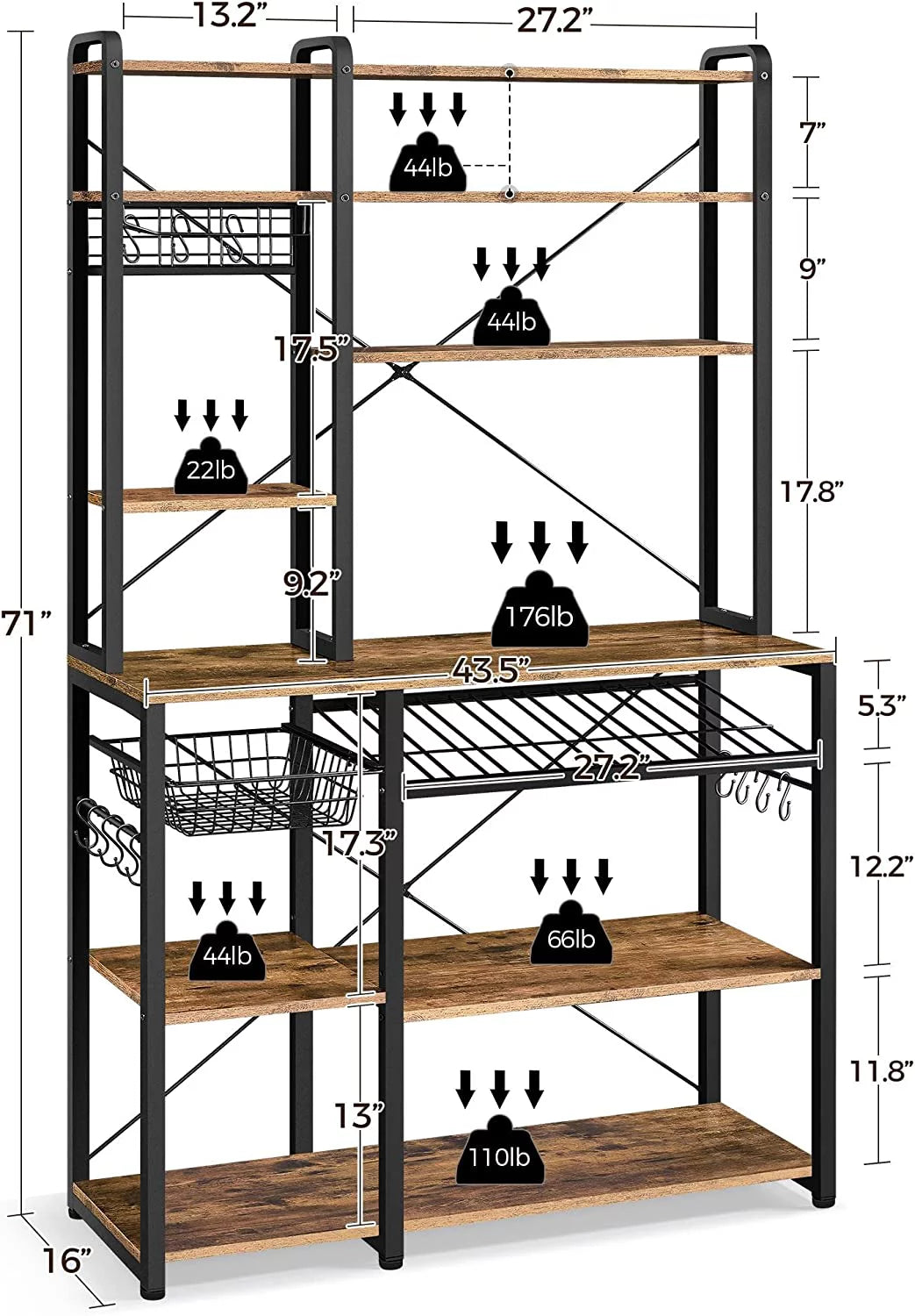 Wooden Kitchen Bakers Rack with Wine Rack and 12 Hooks Y8888