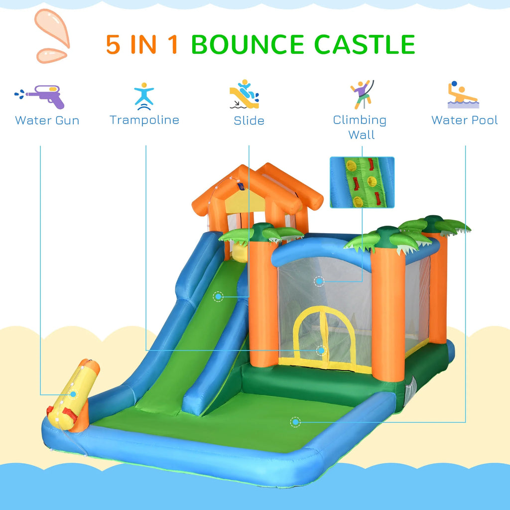 Inflatable Water Park with Blower, 6-in-1 Water Slide Jumping Castle D75207