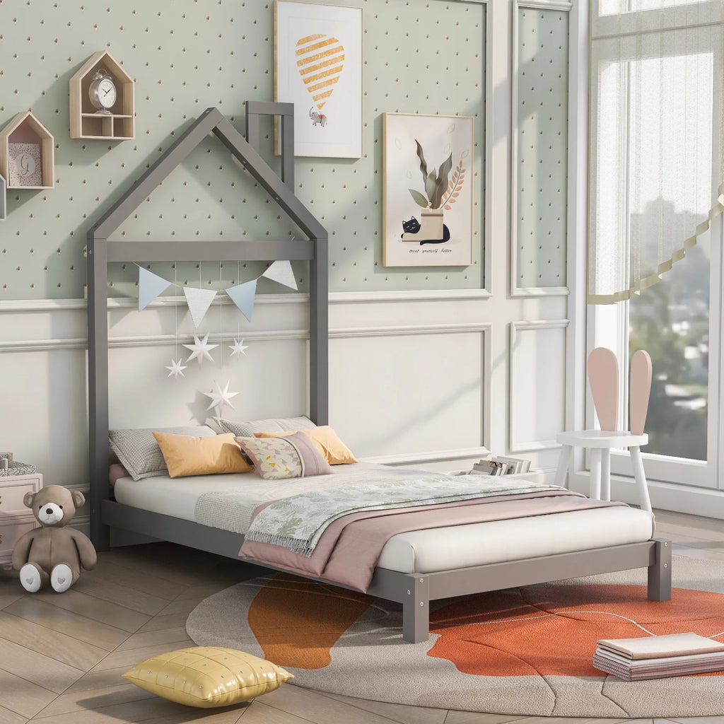 Twin Size Kids Bed with House-Shaped Headboard R85202