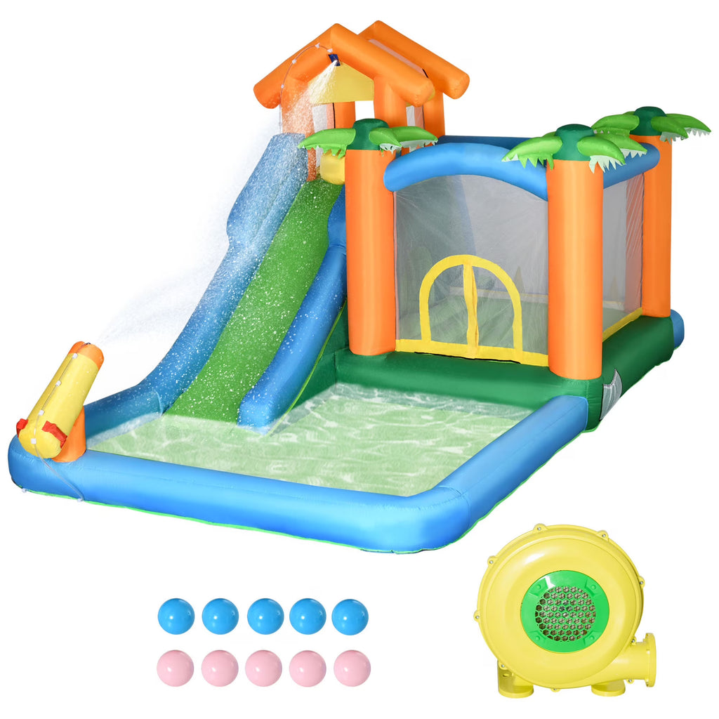 Inflatable Water Park with Blower, 6-in-1 Water Slide Jumping Castle D75207