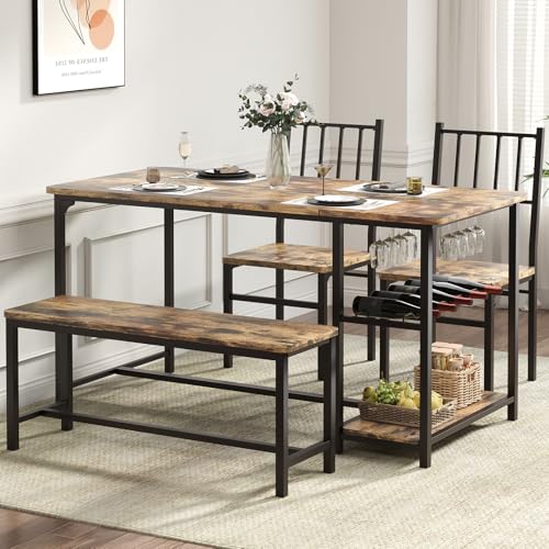 Black 4 Piece Dining Table Set with 2 Chairs and Bench B8376