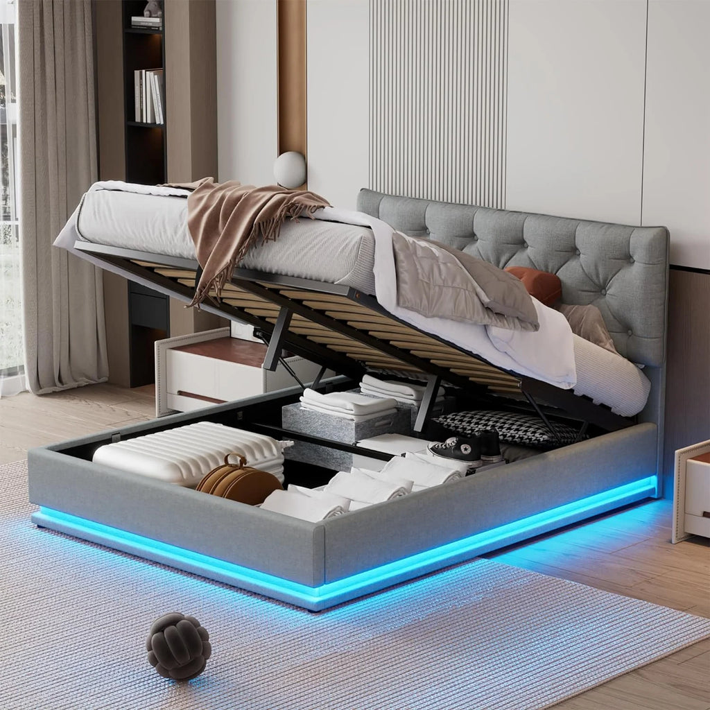 Queen Upholstered Bed with Lift Up Storage and LED Light V406