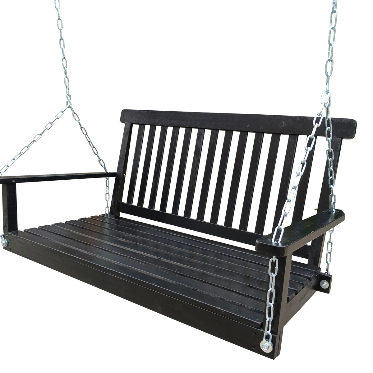 Black Wood Porch Swing with Armrests and Hanging Chains X17119