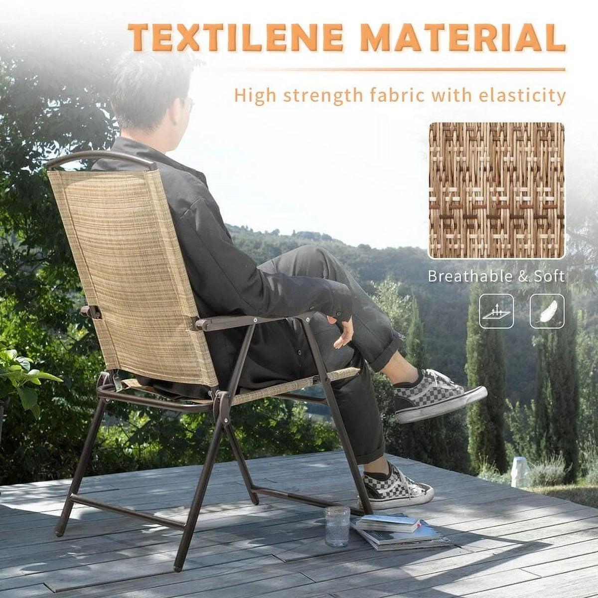 Beige 2 Pieces Textilene Patio Folding Chairs A62573