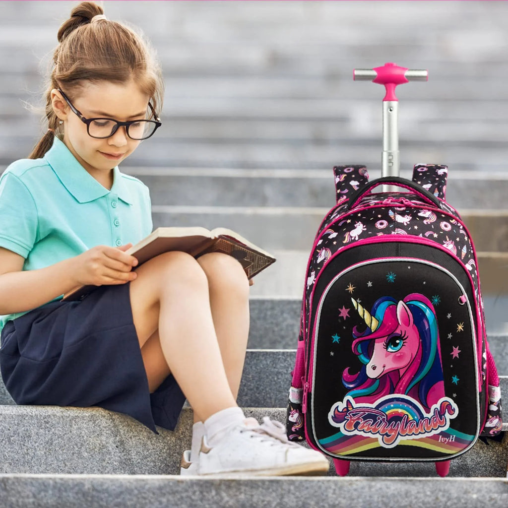 Black 3Pcs Rolling Backpack Set with Lunch Bag and Pencil Case Y581
