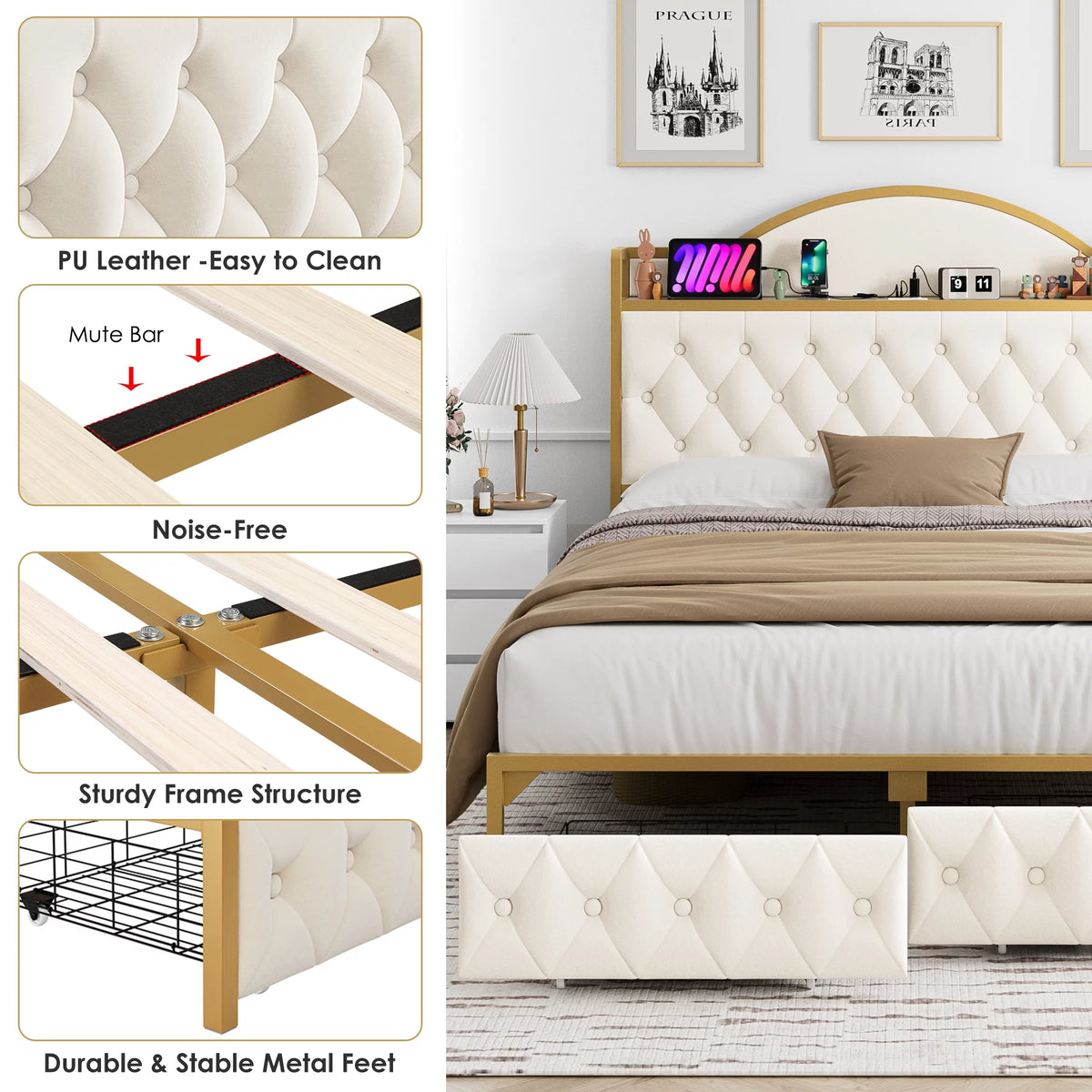 White Queen Size Storage Bed with 2 Drawers S452533