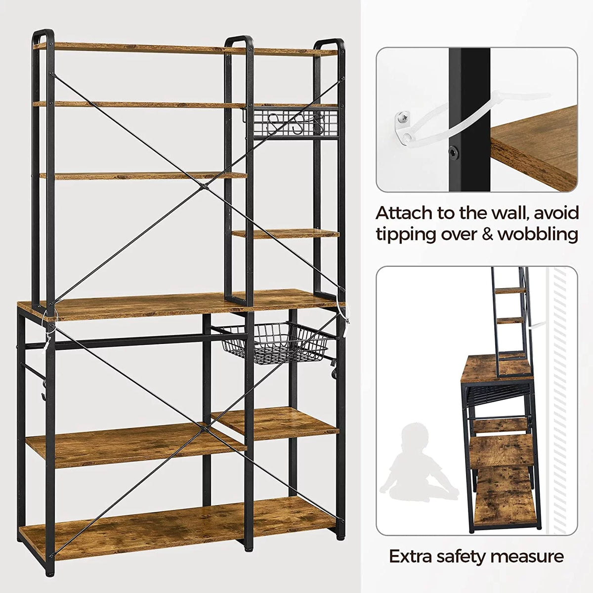 Wooden Kitchen Bakers Rack with Wine Rack and 12 Hooks Y8888